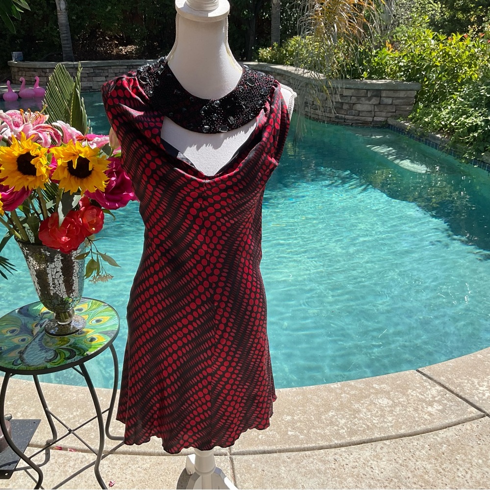 Bebe NWT $139 Sz S Red Wine 🍷 Beaded Cut Out Dress geometric dot designs